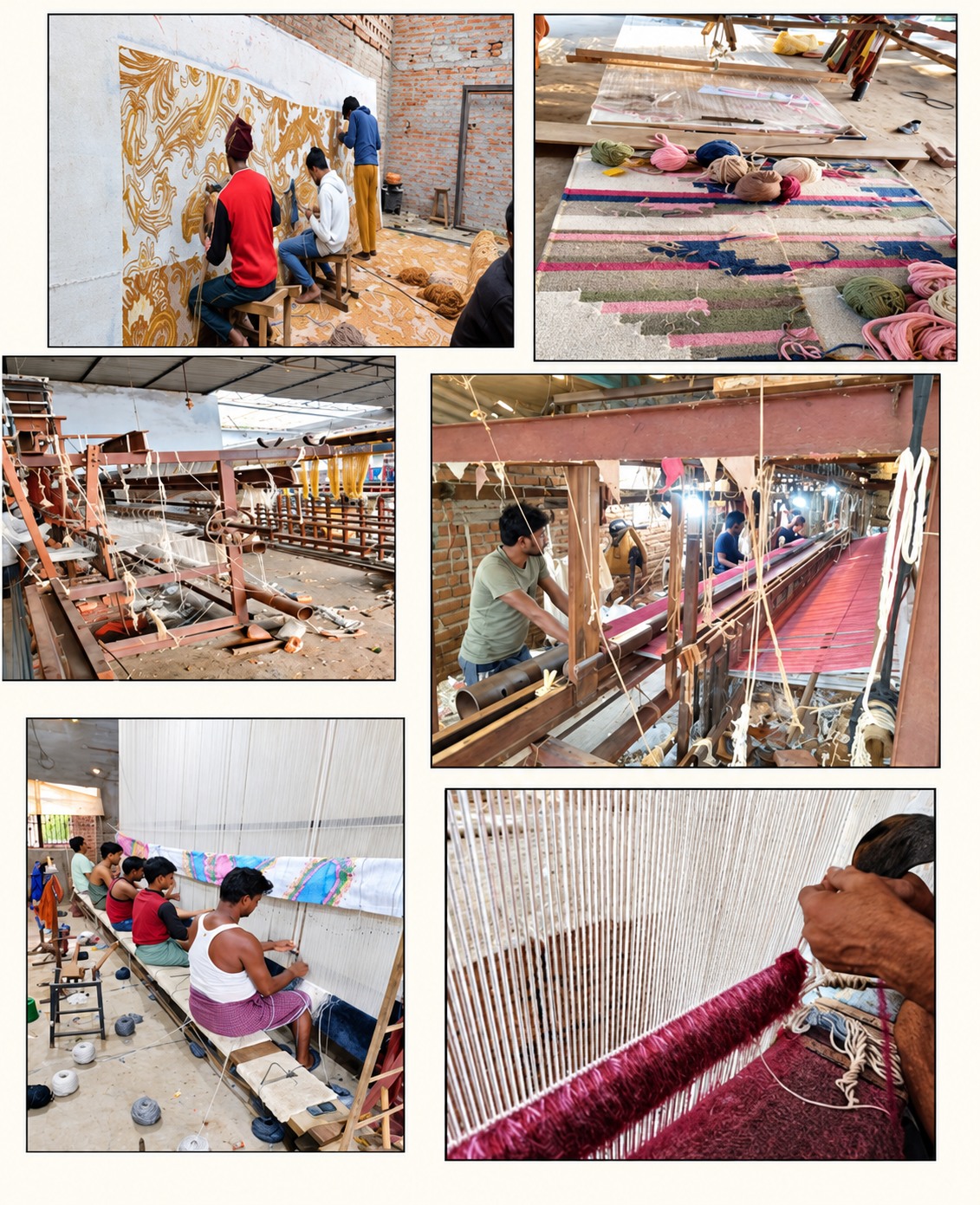 Original collage of artisans weaving, tufting and tying rug knots