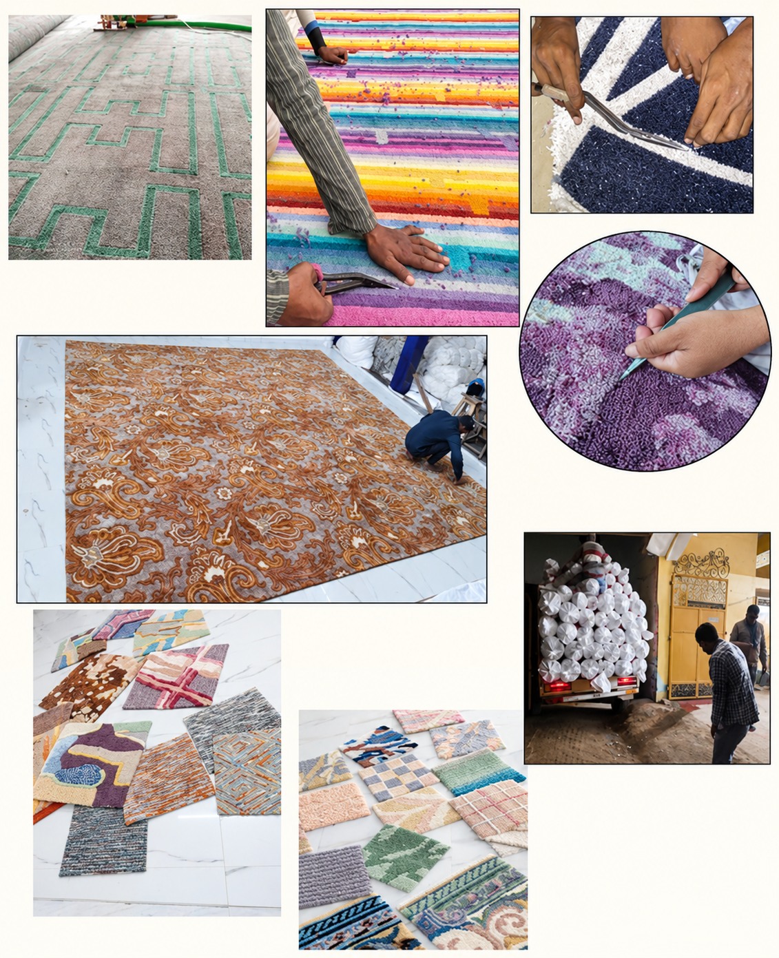 Original collage of rug clipping, carving, finishing and packing